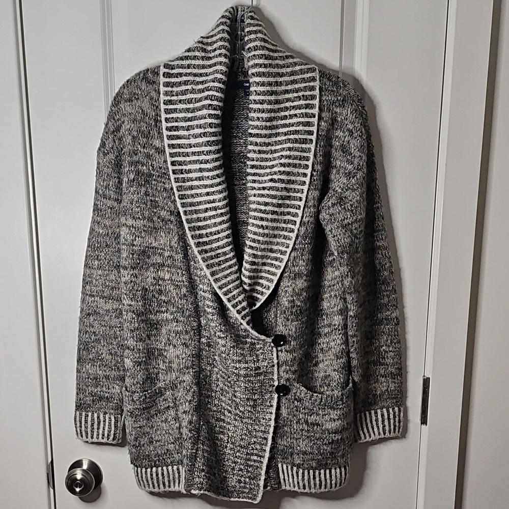 Women's GAP Double Breasted Gray Marled Shawl Collar Cardigan Sweater M Academia